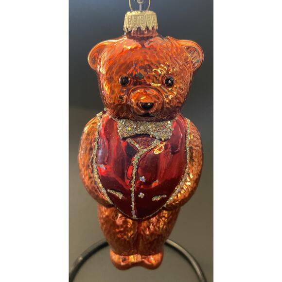 Vintage Lauscha Glas Creation Bear Christmas Ornament Blown Glass Red Vest - Picture 3 of 8